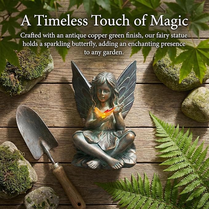 Oinas Solar Fairy Garden Statue Decor - Resin Fairy Figurines with Butterfly Light, 8.5 in Angel Fairy Outdoor Decor, Birthdays, Valentine's Day Garden Sculpture Gifts for Women