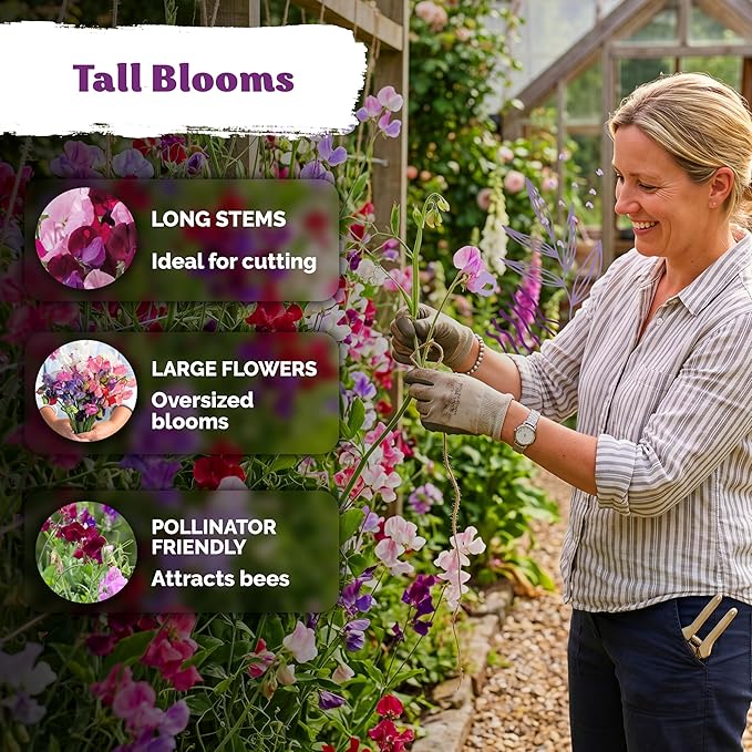 KVITER 50 Sweet Pea Mammoth Mix Seeds (Lathyrus Odoratus) - Sweet Pea Seed Packets, Large Fragrant Cut Flowers, Long Stems - Annual Flower Seeds for Gardens, Trellises, Flower Beds and Containers