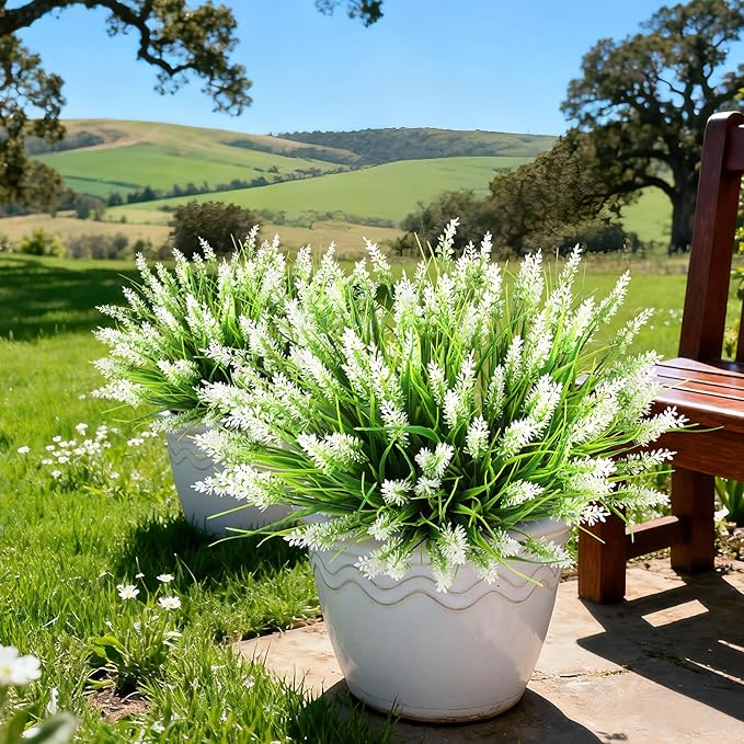 16 Bundles Artificial Plants Outdoor, UV Resistant Fake Lavender & Monkey Grass, Realistic Plastic Faux Plants for Balcony, Patio, Porch Greenery Decor, Planter Filler(White)