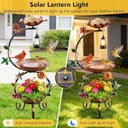 Metal Bird Bath for Outside, 3 in 1 Large Bird Birdbaths for Outdoors with Solar Lamp & Flower Planter Pedestal, Vintage Freestanding Bird Feeder Water Bowl for Garden Yard Lawn Decor, Bronze