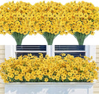 Bassion 24 Bundles Artificial Flowers for Outdoors Decoration, UV Resistant Yellow Silk Fake Faux Flowers Artificial Plants for Outside Window Box Porch Garden Home Decor