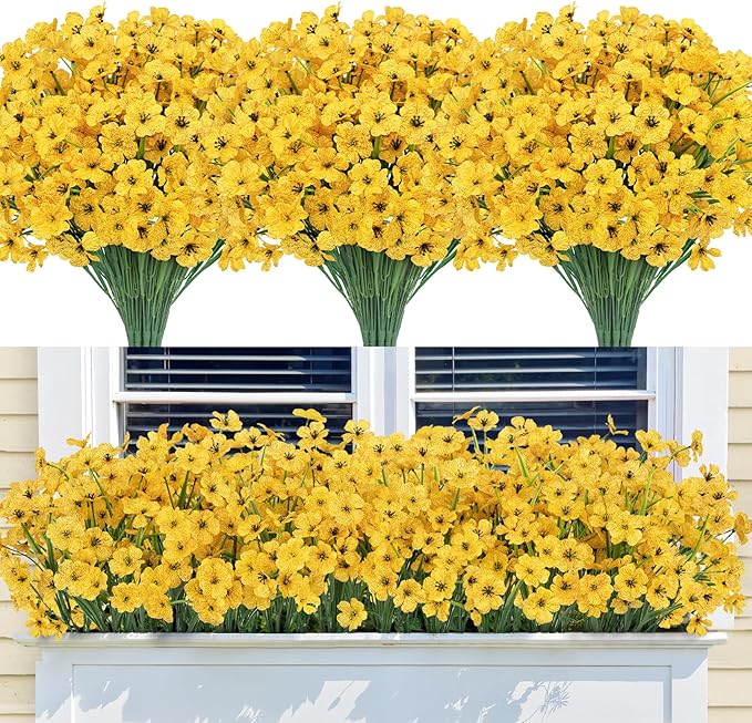 Bassion 24 Bundles Artificial Flowers for Outdoors Decoration, UV Resistant Yellow Silk Fake Faux Flowers Artificial Plants for Outside Window Box Porch Garden Home Decor