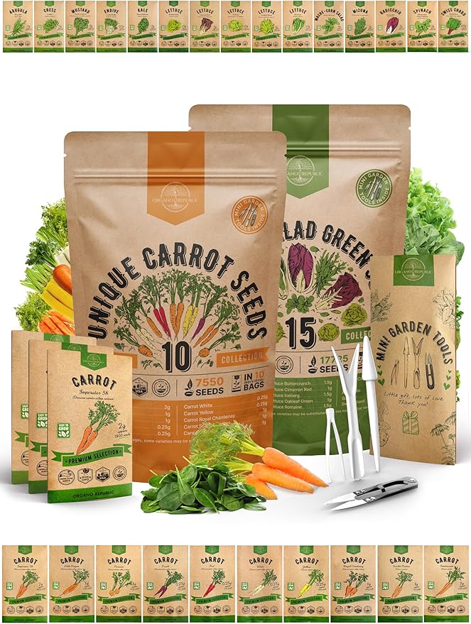 10 Carrot & 15 Lettuce Seeds Variety Pack Bundle, 25,325+ Non-GMO Heirloom Garden Seeds for Planting Carrots and Leafy Greens for Indoor & Outdoor Gardening