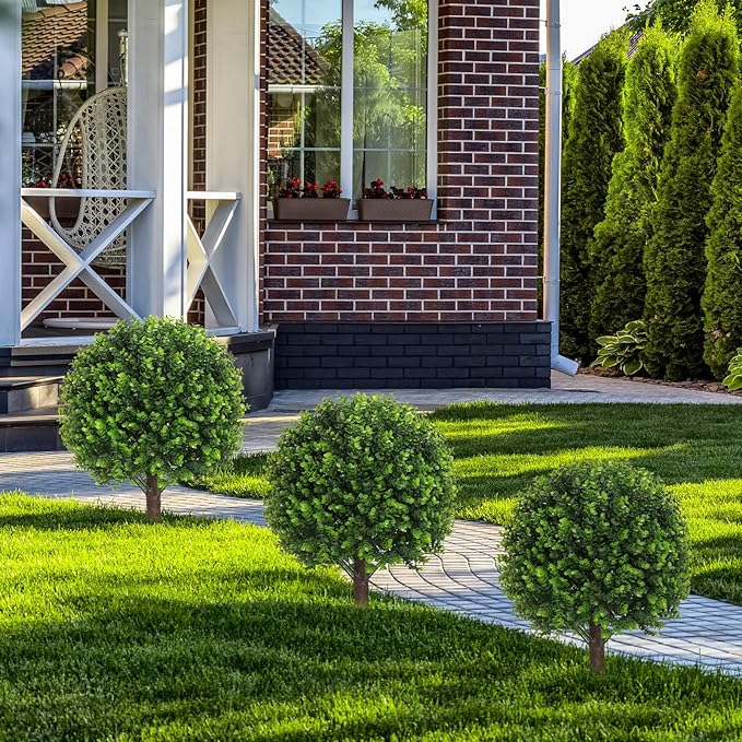 AOKIIE Set of 2 Artificial Green Boxwood Topiary Ball Tree for Outdoor with Ground Spike, 22" UV Resistant Faux Greenery Shrubs, Fake Plants for Garden Yard Porch Patio(Green)
