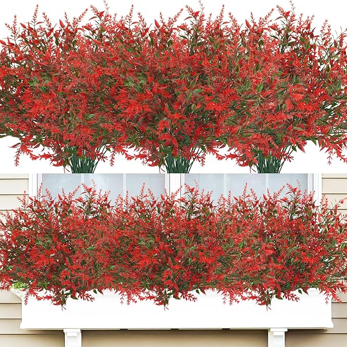 42 Pcs Fake Lavender Flowers Outdoor UV Resistant Faux Plastic Lavender Flowers No Fade Artificial Lavender Purple Plants for Outside Garden Porch Window Box Hanging Planter Decor (Red)