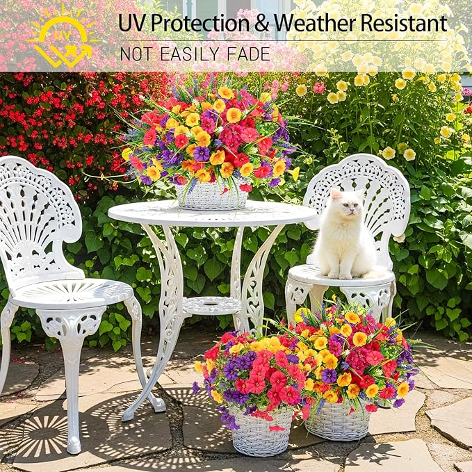 Artificial Flowers for Outdoors, Artificial Petunias Paired with Lavender UV Resistant Plastic Flower,Spring Flowers Used for Hanging Flower Pots, Porch Windows,Weddings Decorations (12 PCS)