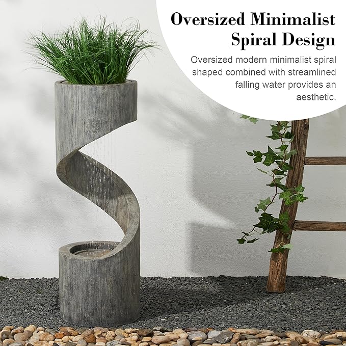 Glitzhome Outdoor Water Fountain with LED Light, Modern Spiral Tiered Outdoor Fountain with Stone Planter, Curved Freestanding Waterfall Fountains for Garden Patio Deck Porch, 40”H