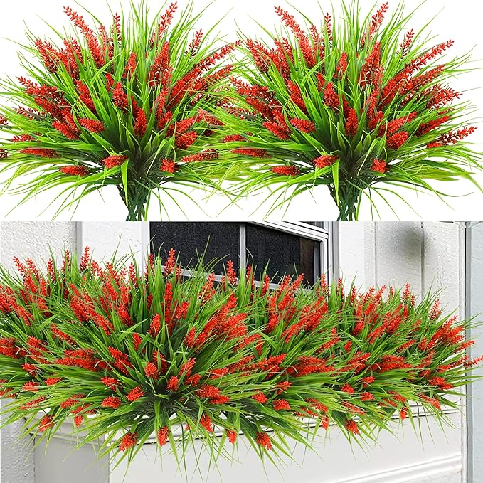 Sggvecsy 24 Bundles Artificial Plants Outdoor Faux Lavender Flowers Fake Monkey Grass UV Resistant Plastic Greenery Plants for Garden Home Porch Window Patio Hanging Planter Indoor Decor (Red)