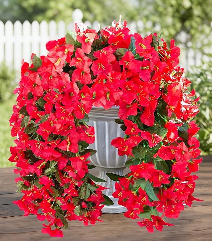 HyeFlora Bougainvillea Artificial Hanging Flowers Plants for Outdoors Decoration, 2pcs Red Fake Flowers Silk Bougainvillea Vines Realistic UV Resistant Faux Flowers for Outside Planters Porch Patio