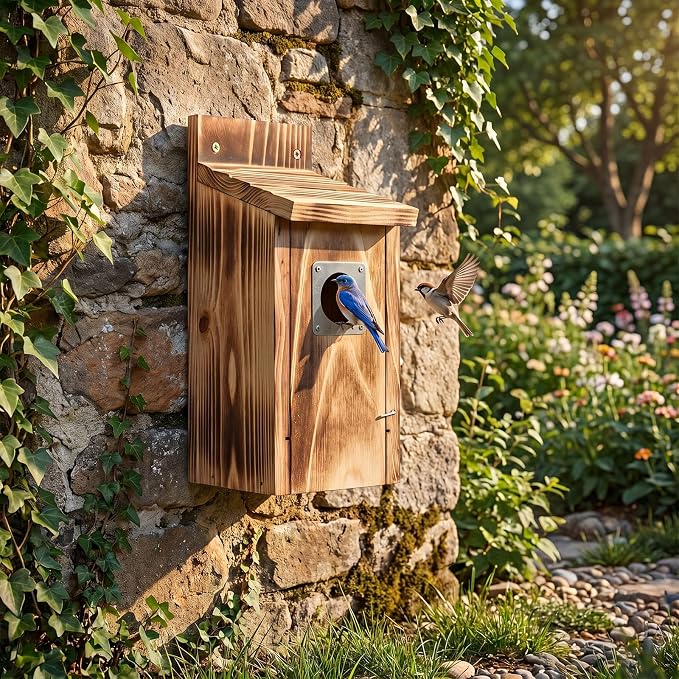Dreyoo 2 Pack Bluebird Box Houses for Outside,1-1/2'' Entrance Hole Wooden Bird Houses with Metal Guard, Secure Latch,Fledgling Grooves,Air Vents for Bluebird Wren Swallow(Burnt Wood)