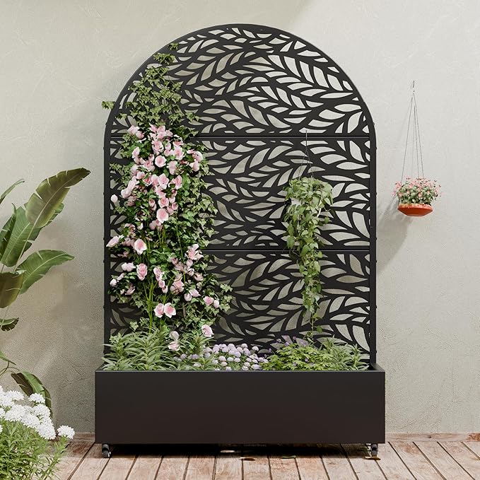 Casaphoria Metal Raised Garden Bed with Trellis and Wheels, 72"x47"x16" Arched Planter Box for Climbing Plants, Vegetables & Vines, Features Drainage Holes and Privacy Screen (Black-Spring)
