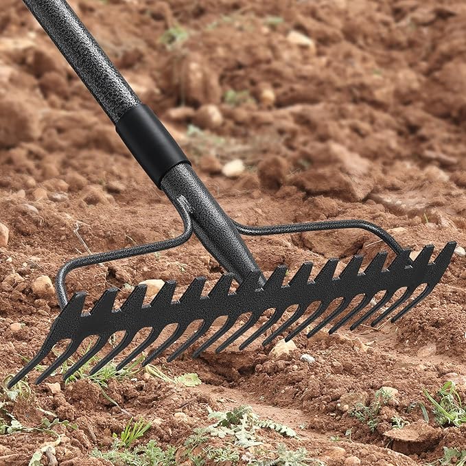 77'' Bow Rake Heavy Duty Garden Rake with Stainless Steel Handle,Tines Metal Head Rake Tool for Loosening Soil Gathering Leaf Leveling Lawn Farming Land Management Yarn Thatch Rake