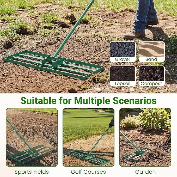 Goplus Lawn Leveling Rake, 30" x 10" Heavy Duty Level Lawn Tool w/ Ergonomic Handle for Soil, Effort-Saving Landscape Rake for Garden, Backyard, Golf Course, Farm, Pasture (Green)