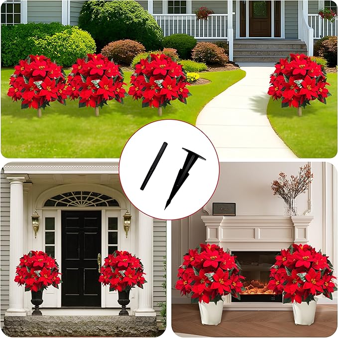 2 Pack 24.5-Inch Artificial Poinsettia Flowers with Ground Spike, Christmas Topiary Balls Trees, Faux Poinsettias Bush,Fake Poinsettia UV Realistic for Outdoor Porch Home Patio Christmas Decor