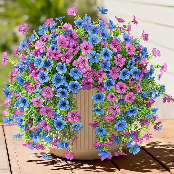 INQCMY 2Pcs Artificial Fake Hanging Flowers for Outdoors UV Resistant Artificial Plants for Spring Summer Decor Look Real Faux Flowers for Outside Home Planter Porch Patio Decor