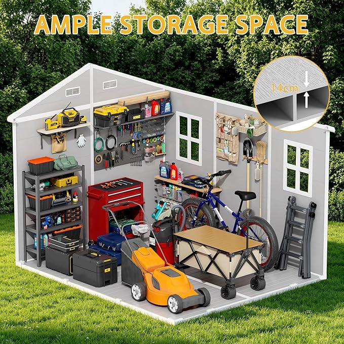 PIPLEO 8x10 FT Resin Outdoor Storage Shed with Floor, Plastic Garden Storage Shed with Lockable Door & Vent, All Weather Versatile Tool Shed for Backyard, Patio, Lawn, Cloud Gray