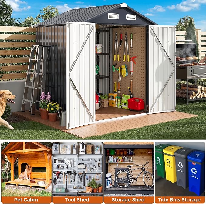 IRONCK 5.7x5.7FT Storage Shed, Outdoor Tool Shed with Lockable Doors and Breathable Vent, Outside Metal Garden Storage for Poolside, Backyard, Patio, Dark Blue