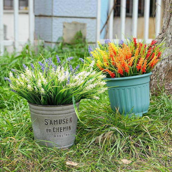 20 Bundles Artificial Plants Outdoor, UV Resistant Fake Flowers, Realistic Faux Lavender Shrubs for Porch Garden Window Box Home Decoration (White Yellow Lightpurple Rosy)