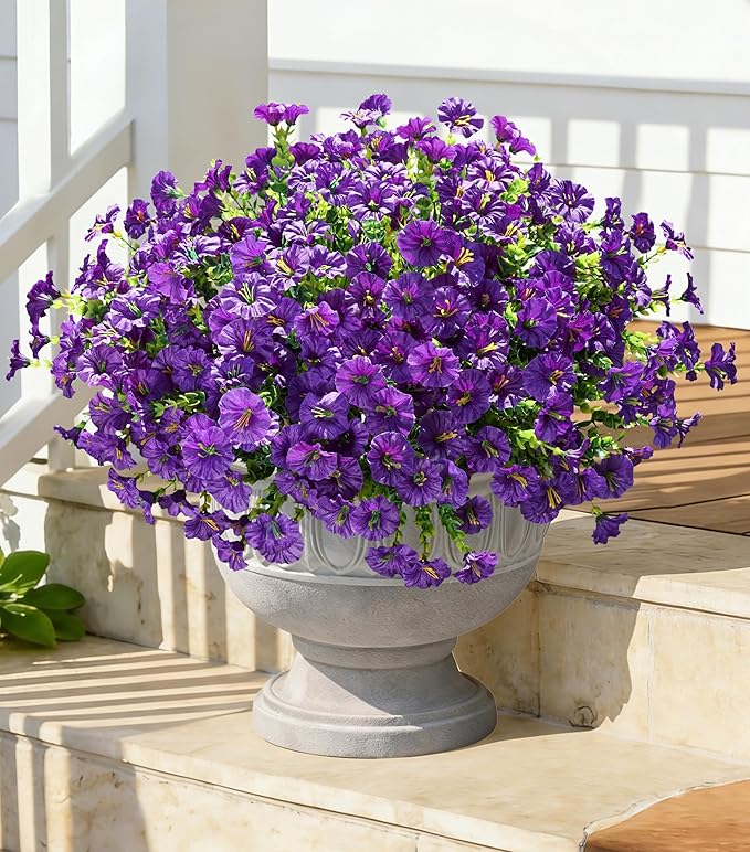 Artificial Flowers Fake Plants for Outdoors Decoration, 12 Bundles Purple Silk Morning Glory with Eucalyptus Realistic UV Resistant Faux Flowers Greenery for Outside Planter Yard Garden Home Indoor