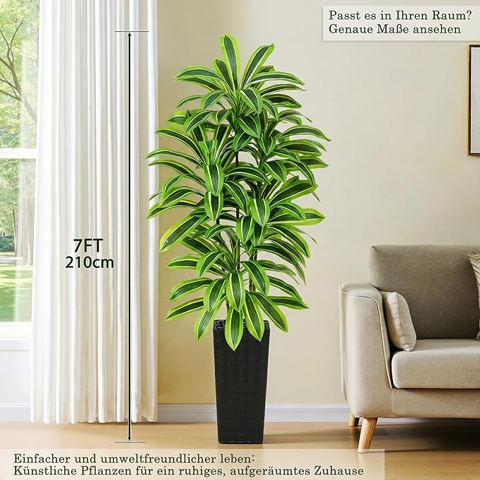 Artificial Dracaena Tree：7FT Faux Silk Tropical Yucca Floor Trees Realistic Fake Green Plant with Natural Wood Trunk & Lifelike Leaves for Home Office Decor Indoor & Outdoor (7FT,1-Pack,Black)