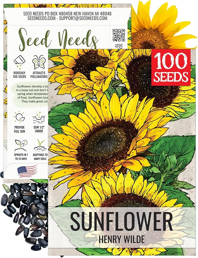Seed Needs Henry Wilde Sunflower Seeds for Planting - Heirloom & Open Pollinated Cut Flowers - Annual Wildflowers to Grow a Butterfly Garden (1 Pack)