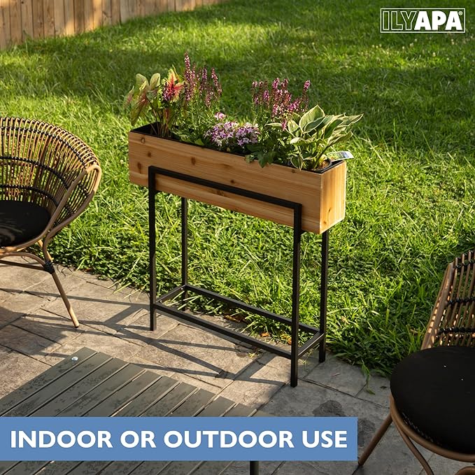 Ilyapa Raised Standing Planter with Legs, Metal and Wood Elevated Planter Box, 33"x29"x7", Indoor Outdoor, Perfect for Living Room, Front Porch
