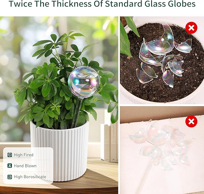 Soilagua Large Extra-Thick Clear Glass Plant Watering Globes, Rainbow Gradient Self Watering Devices for Indoor & Outdoor Plants, AutomaticWaterer Spikes, Perfect for Daily or Vacation Use, 6-Pack