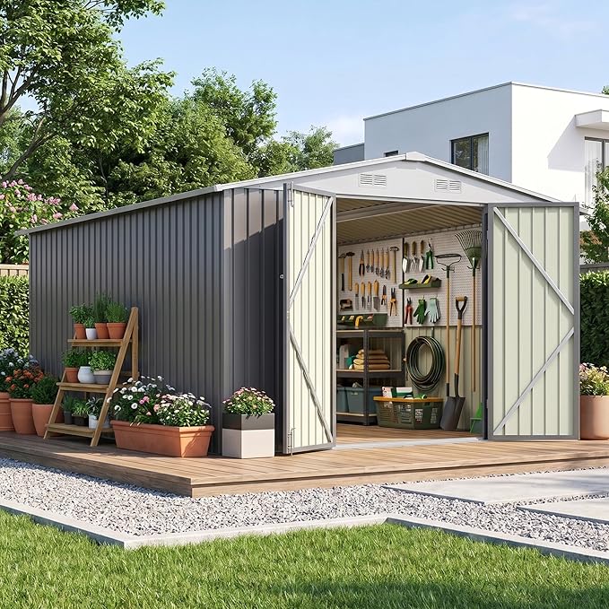Patiowell 10 x 12 FT Outdoor Metal Storage Shed, Heavy-Duty Shed Storage with Lockable Doors and Steel Frame, Utility Tool Outside Large Storage Shed for Garden, Patio, Backyard, Gray