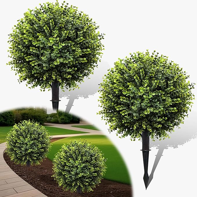 Artificial Topiary Trees Outdoor 2 Pack, 24.5" Boxwood Ball Faux Plants with Stakes, UV Resistant Fake Evergreen Shrubs for Front Porch Planters Garden Spring Decor-Green