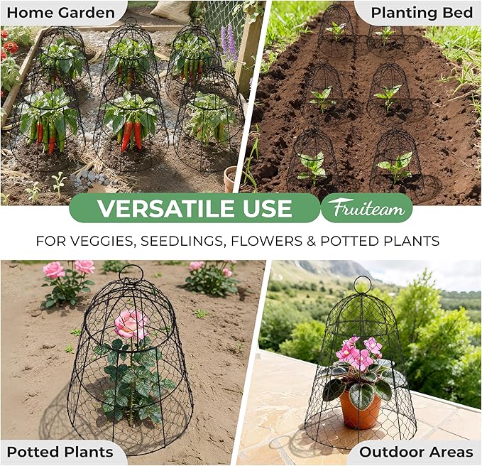 FRUITEAM Metal Plant Covers 6pcs, Heavy Duty Garden Cloche Plant Cage for Outdoor, 13"x15.8"H Rust-Proof Plant Protectors from Animals for Vegetables, Flowers, Seedlings Against Rabbits, Squirrels