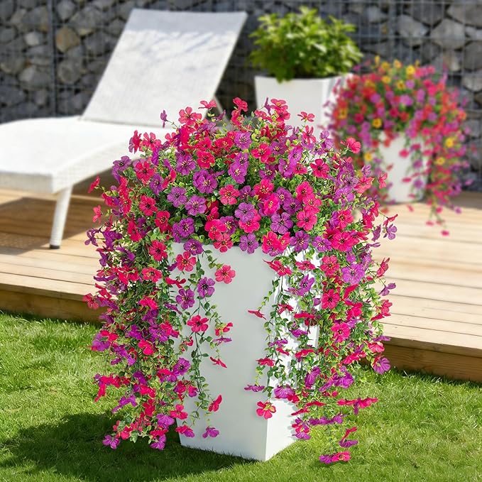 Fake Artificial Hanging Flowers for Outdoors Decoration, 2 PCS Faux UV Resistant Artificial Outdoor Flowers, Fake Plants Look Real Daisy No Fade Spring Decor for Porch Home Patio Balcony and Yard