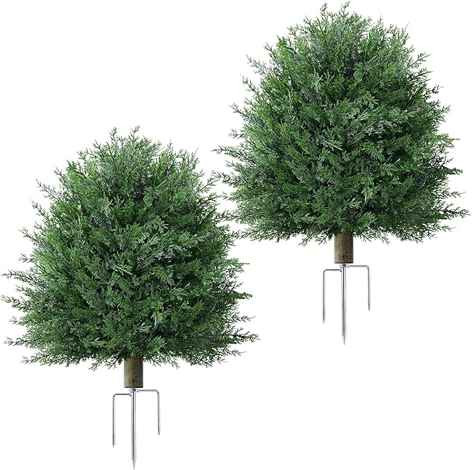 27'' Artificial Topiary Plants for Outdoor 2 Pack Artificial Topiary Trees with Stable Metal Ground Spike Fake Bushes Shrubs for Outside Garden Front Porch Landscape Walkway, Green Cedar