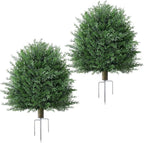27'' Artificial Topiary Plants for Outdoor 2 Pack Artificial Topiary Trees with Stable Metal Ground Spike Fake Bushes Shrubs for Outside Garden Front Porch Landscape Walkway, Green Cedar