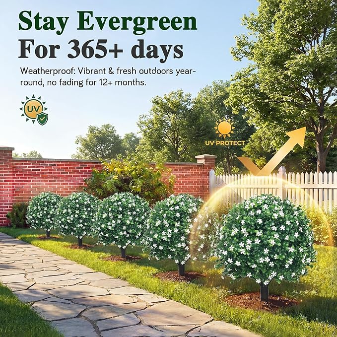 PATIO CHOICE Topiary Trees Artificial Outdoor Boxwood Ball Trees with Ground Spike Set of 2 22" Fake Outdoor Plants Faux Bushes and Shrubs Decorations for Outdoor Indoor Front Porch Garden