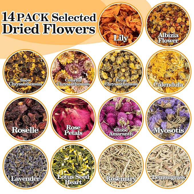 Sukh Dried Herbs Kit - Dried Botanicals Bulk,14 Bags Natural Dry Flowers and Herbs for Soap,Candle,Perfume,Bath Bombs,Resin Jewelry Making Supplies,Fragrance Sachet DIY and Witchcraft