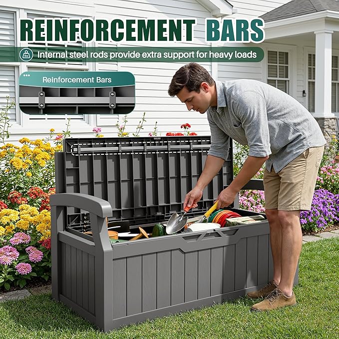 Devoko 80 Gallon Storage Bench with Cushion, Lockable Deck Box for Patio Furniture, Garden Decor and Outdoor Seating for Cushions, Garden Tools and Pool Supplies (Grey, 80 Gallon with Cushion)