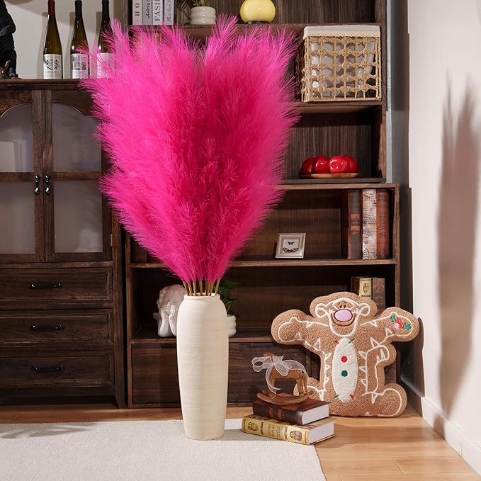 Premium Faux Hot Pink Pampas Grass – 55" Tall Ultra-Fluffy 24-Branch One-Piece Stems No Assembly, Luxury Silk-Feel Feather Flowers for Boho Wedding Girls Room Home Decor (Fuchsia, 8 Stems)