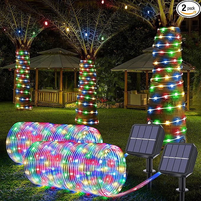 Solar Rope Lights, 2 Packs Total 66ft 200LED Solar String Lights, 8 Modes Waterproof Solar Powered Outdoor Light, Flexible Clear Tube Light for Garden Backyard Patio Deck Pool Tree Decor - Multicolor