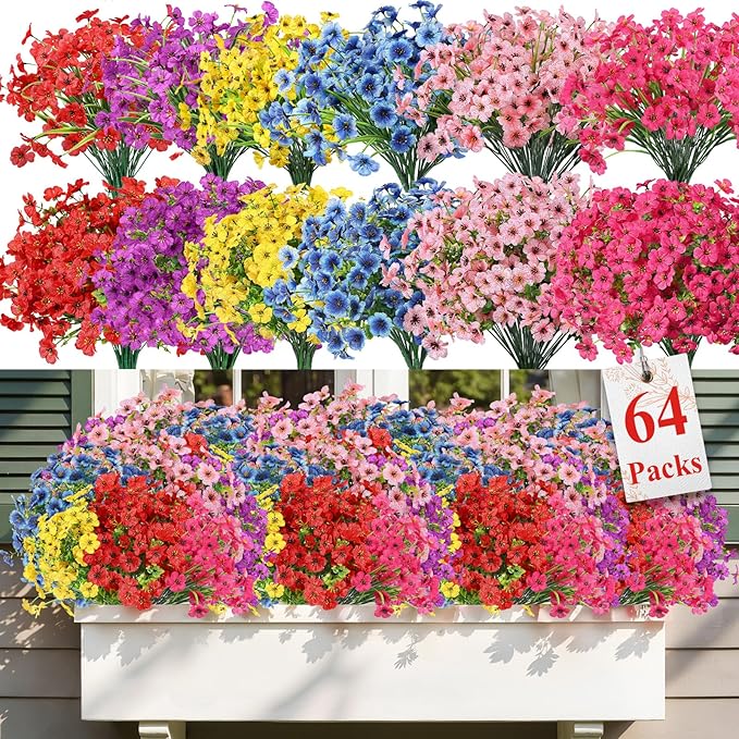 Alupssuc 64 Bundles Artificial Flowers for Outdoors Decoration, UV Resistant Silk Faux Floral Spring Fake Plastic Plants Greenery for Outside Indoor Home Garden Porch Window Box Decor, Mix 6 Colors