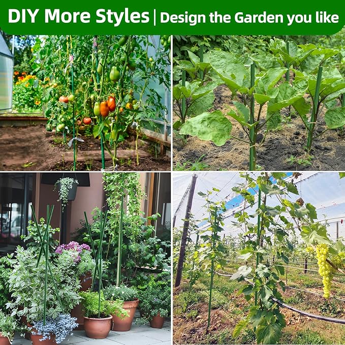Fabulas Garden Stakes 16 Inch 70 Pack, Diy 4ft 5ft 6ft 7ft 8ft Tomato Stakes Plastic Coated Metal Plant Sticks Stakes Supports with 40 Connectors 30 Rotatable Clips for Indoor Outdoor Plants Vegetable