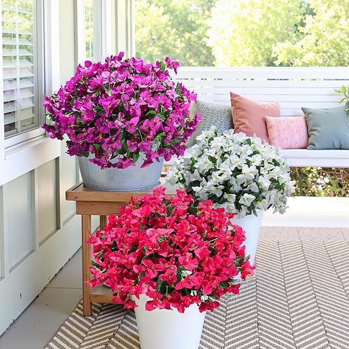Fake Bougainvillea Artificial Flowers for Outdoors Spring Decor, 4 Bundles Outdoor Bougainvillea Silk Flowers for Outside Faux Plants UV Resistant Realistic for Planter Patio Porch Garden, Hotpink