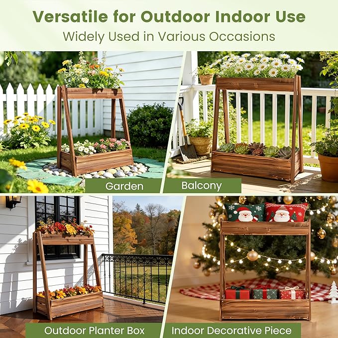2-Tier Elevated Raised Garden Bed, 36" H Fir Wood Planter Box with 23" Growth Space for Tall/Climbing Plants, Drainage Holes & Non-Woven Liner, Outdoor Garden Planter for Patio Balcony Backyard
