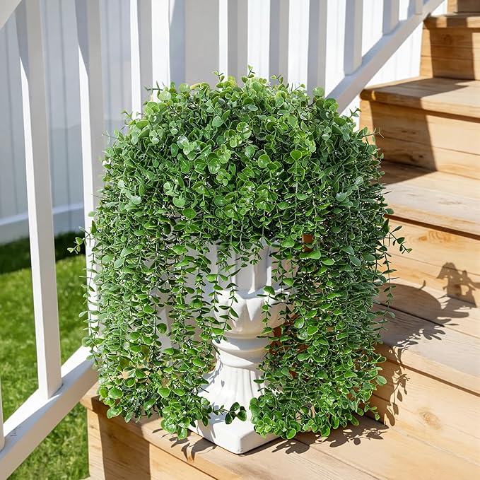 Faux Outdoor Plants Fake Hanging Plants for Outdoors Outside Decorations, 2 Pcs Green Faux Eucalyptus Vines Realistic UV Resistant Artificial Greenery for Planters Porch Garden Yard Front Door Patio
