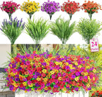 Alupssuc 24 Bundles Artificial Flowers for Outdoors Spring Decoration, UV Resistant Faux Eucalyptus Violet and Lavender Silk Fake Plants for Outside Indoor Decor, Red Rose Purple Yellow Orange