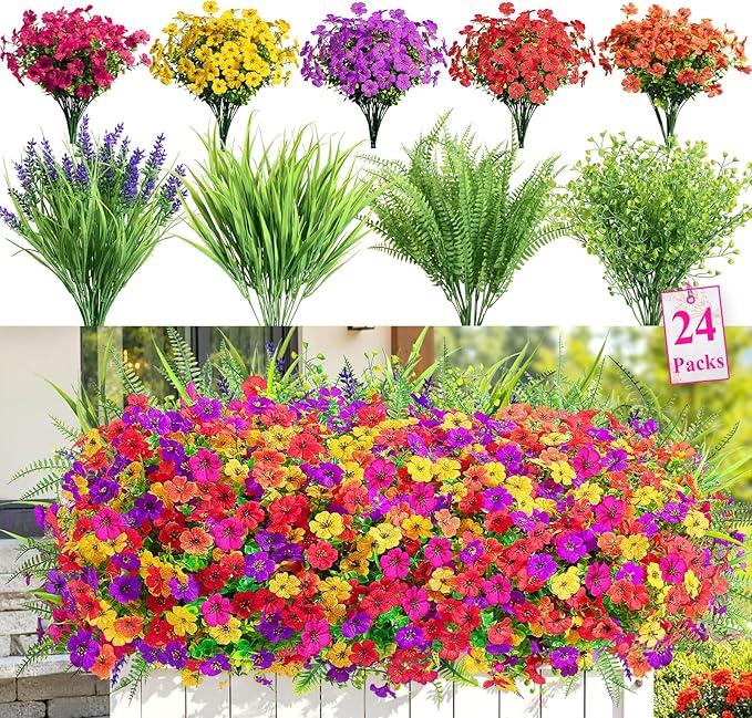 Alupssuc 24 Bundles Artificial Flowers for Outdoors Spring Decoration, UV Resistant Faux Eucalyptus Violet and Lavender Silk Fake Plants for Outside Indoor Decor, Red Rose Purple Yellow Orange