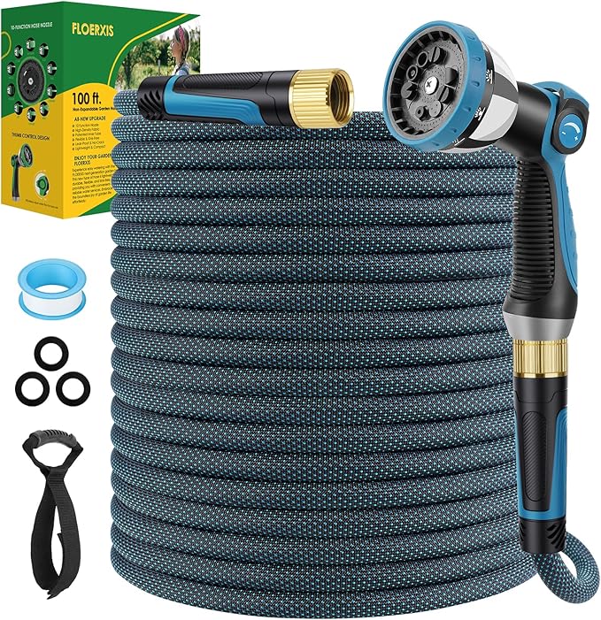 Non-Expandable Garden Hose 100 FT, Lightweight Hose with 10 Function Spray Nozzle, Kink-Free Flexible Water Hose, Durable, Leak-Proof, 360° Swivel Connectors, Portable Storage Strap