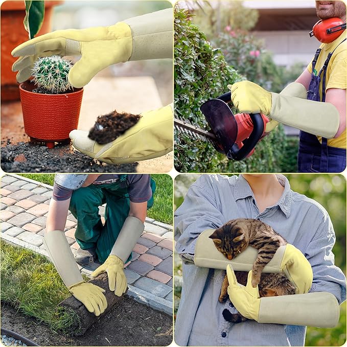 HANDLANDY Rose Pruning Gardening Gloves for Men Women, Thorn Proof Forearm Protection Leather Garden Gloves, Gardening Gifts for Gardeners (Vanilla, Large)