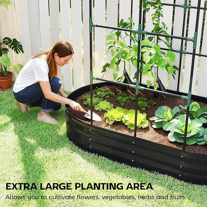 Outsunny Galvanised Raised Garden Bed with Arched Trellis, 5 x 3 x 6ft Metal Outdoor Planter Box with Open Bottom Design, Modular Raised Bed with Gloves for Vegetable Flower, Easy Assembly, Dark Gray