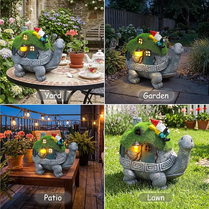 SunGlee Solar Turtle Garden Statue Lights with Rooftop Lawn Gnome Solar Garden Decor for Outside Yard Balcony Patio Lawn Ornament Home Decor Gifts for Mom Grandma