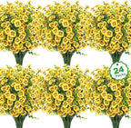 24 Bundles Artificial Flowers for Outdoors Fake Silk Flowers UV Resistant Faux Plants Eucalyptus for Spring Summer Decoration Planters Table Vase Garden Yard Porch Window Home Decor, Yellow